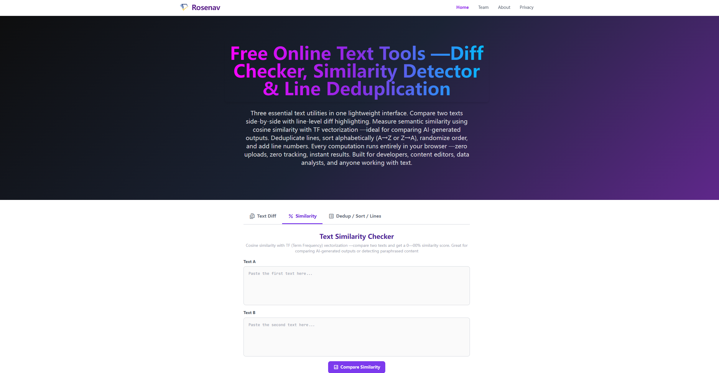 Rosenav Text Tools — Tabbed interface with Text Diff, Cosine Similarity Checker, and Line Dedup/Sort/Numbering utilities